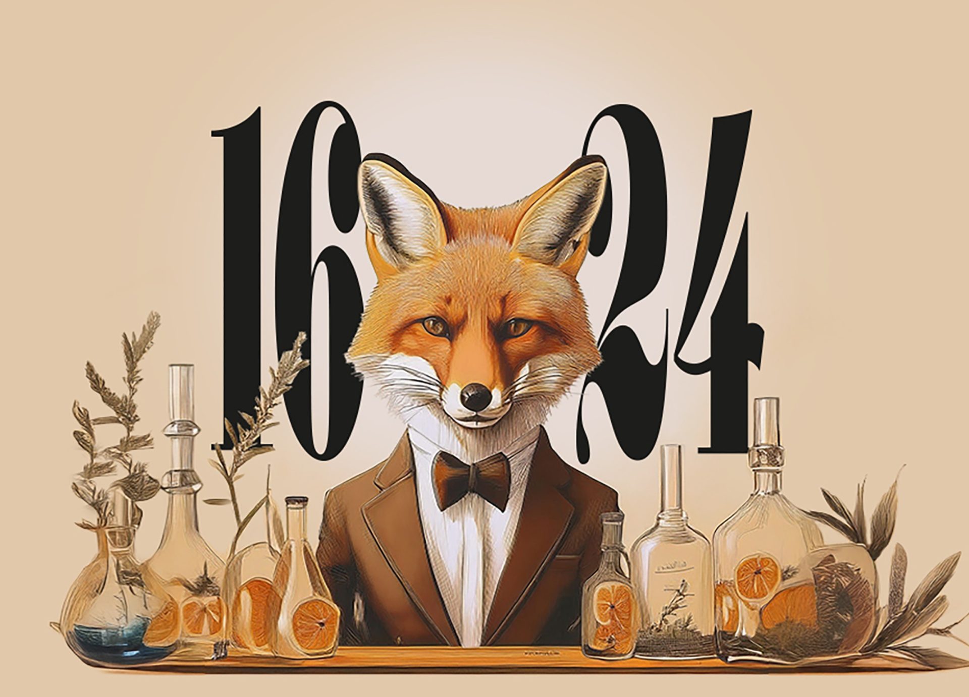 Gin 1624 - illustratie vos Key-visual gin 1624 met illustratie vos